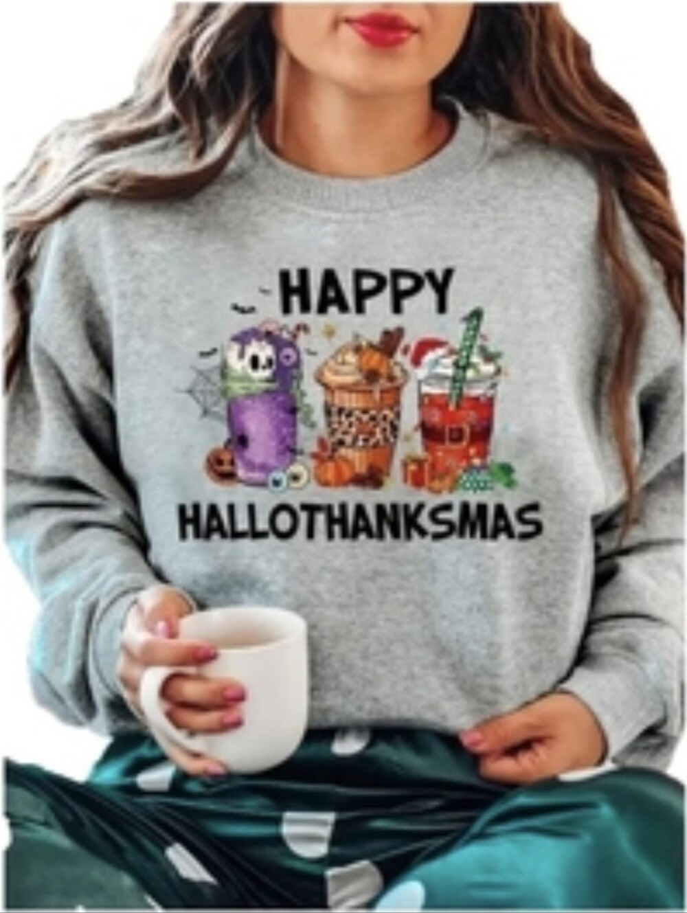 Happy HalloThanksMas Women's Grey Holiday Sweatshirt Size M